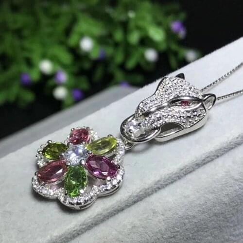 Natural Multicotourmaline pendant S925 silver Natural gemstone Pendant Necklace trendy Luxury Leopard flowers party jewelry