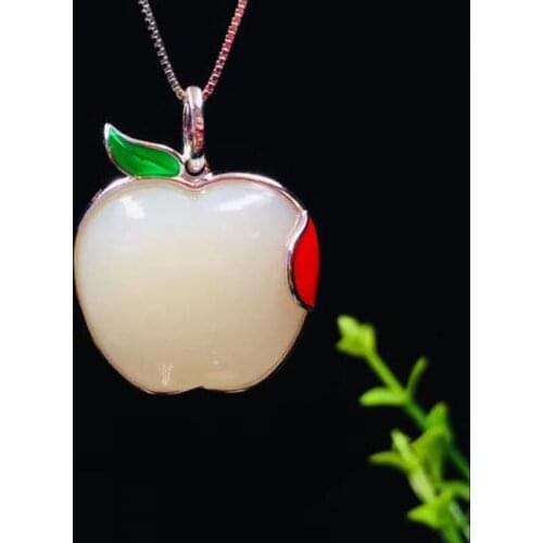Natural White Jade Pendant Apple Shape 925 Sterling Silver Necklace Clavicle Women Jade Jewelry Gemstones