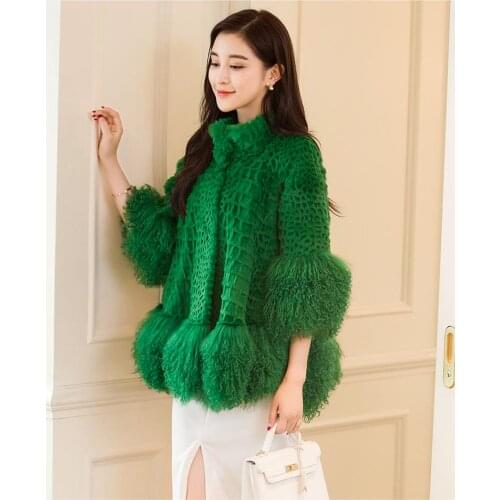 New genuine real natural rabbit fur coat women fashion fur jacket with lamb fur sleeve and hem ladies Mandarin Collar outwear