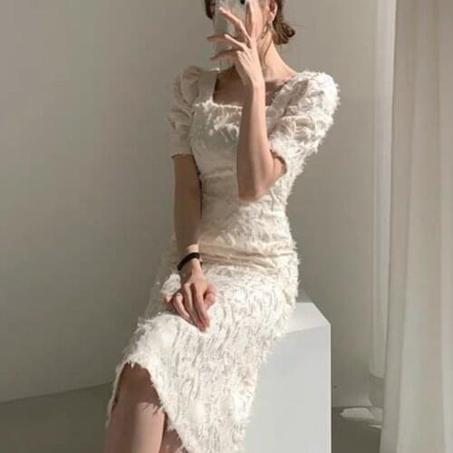 French Feathers Solid Vintage Women Sheath Summer Dress Korean Puff Sleeve Square Collar Elegant Ladies Long Party Dress Vestido