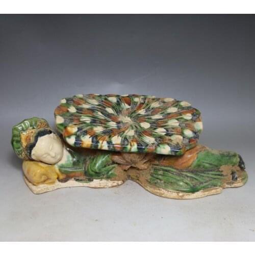 Rare Tang Dynasty(618--907)Tang three-color porcelain pillow,Lady Statue,Free shipping