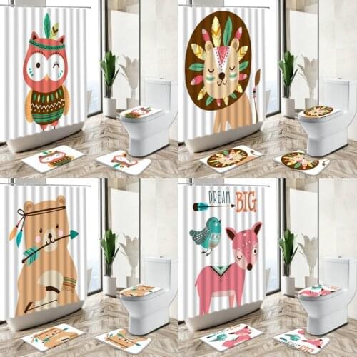 Cute Owl Printed Shower Curtain Set Cartoon Animal Feather Nordic Style Child Baby Bathroom Non-Slip Rug Toilet Cover Bath Mat