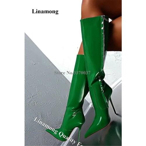Newest Patent Leather Pointed Toe Stiletto Heel Knee High Boots Green Blue Black Zipper-up Slim High Heel Long Boots Big Size