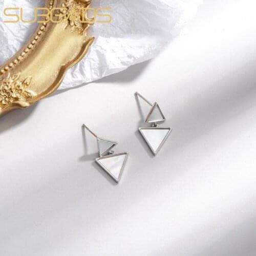 Subeads Real 925 Sterling Silver White Fritillary Double Triangle Stud Earrings For Women Geometric Earrings Wedding Jewelry