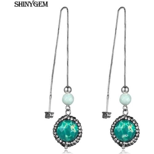 ShinyGem Unique 14mm Dark Green Big Round Natural Stone Drop Dangle Earrings Sparkling Cubic Zircon Statement Earrings For Women