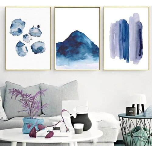 Navy Blue Landscape Mountain Posters And Prints Abstract Canvas Painting Nordic Watercolor Wall Art Modern Living Room Decor