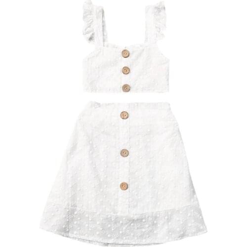 1-6 Toddler Kids Baby Girls Clothes Sets White Ruffles Button Sleeveless Vest Tops A-Line Skirts Holiday Boho Outfits