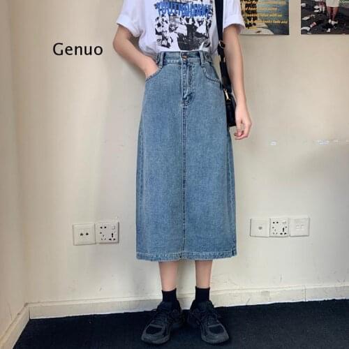 Luck A Retro Long Midi Denim Skirts Women High Waist Button Pockets Split Jeans Straight Skirts Plus Size Autumn Spring Bottoms