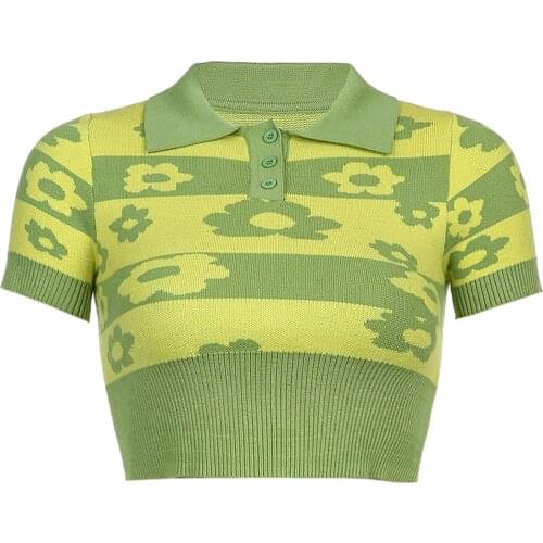 2021 New Womens Floral Print Crop Tops, Sexy Lapel Button Front Short Sleeve Knit T-Shirts Joker Summer Fashion