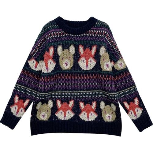 Cartoon Fox Embroidery Jacquard Women Knitted Sweaters 2020 Winter Vintage Full Sleeve O-neck Casual Girly Cute Sweet Warm Top
