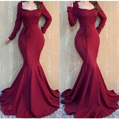 Elegant Mermaid Burgundy Long Sleeve Evening Dresses with Belt Zipper Back Satin Abendkleider Robes de Soirée for Women