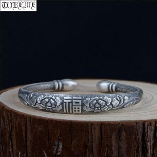 100% 999 Silver Tibetan Lotus Six Words Proverb Bangle Pure Silver Buddhist OM Cuff Bracelet Real Silver Good Luck Bangle