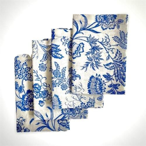 100% Linen Fabric Set of 4 Blue Rose Patterned Table Napkin on White Home Sweet Farmhouse Kitchen Textiles, Placemat Set