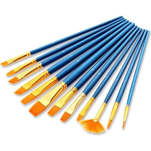 12Pcs Artist Paint Brush Set Nylon Bristles Watercolor Acrylic Oil Painting Slant Flat Round Pointed Pen Tip Art Supplies