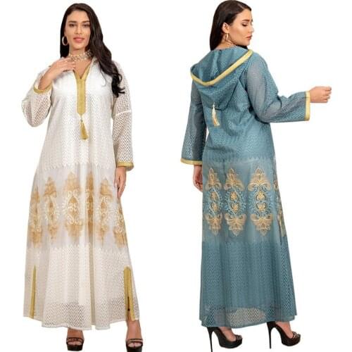 2021 Plus Size Abaya Dubai Turkey Muslim Hooded Dress Embroidery Mesh Luxury Evening Gowns Turkish Kaftan Robe Islamic Clothing