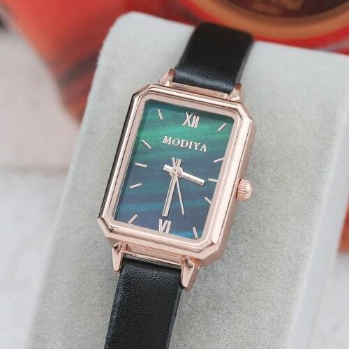 Ripple Retro Watches Women Fashion Exquisite Gradient Green Quartz Vintage Square Leather Wrist Watch Simple Small Female Clock