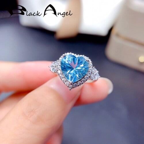 BLACK ANGEL New 925 Silver Fashion Super Shiny Romantic Heart Luxury Blue Topaz CZ Resizable Ring For Women Jewelry Wedding Gift