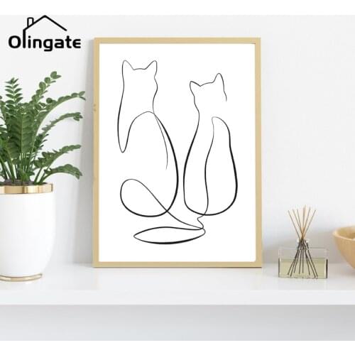 Black and White Abstract Minimal Wall Decor Two Cats Single Line Drawing Wall Art Canvas Painting Poster Print for Home Decor