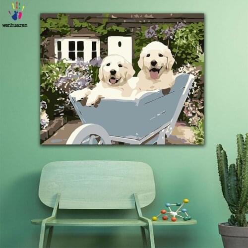 DIY colorings pictures by numbers with colors Two cute white dogs picture drawing painting by numbers framed Home