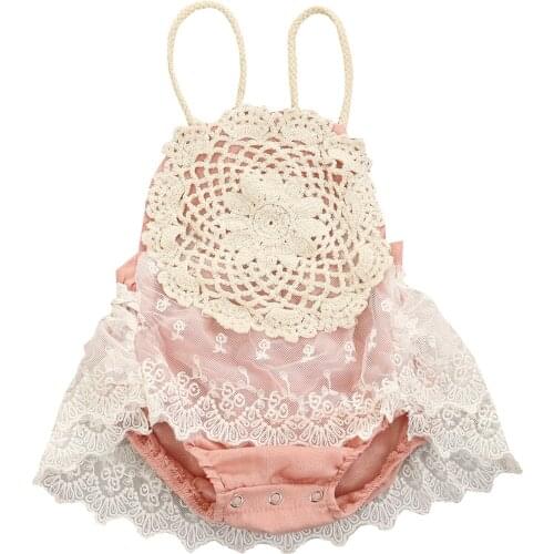 0-24 Months Baby Girls Casual Cotton Romper Sleeveless Boat Neck Lace Hem Pink/ Lake Green Daily Wear Cute Fashion Outdoors