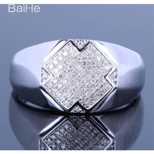 BAIHE Solid 14K White Gold 0.3CT H/SI Round Natural Diamonds Wedding Men Ring Fine Jewelry Trendy Diamond Ring