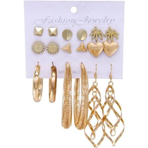 Exaggerate Punk Big Circle Stud Earrings For Women Vintage Geometric Heart Gold Color Metal Earring Set