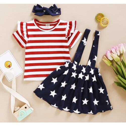 Summer Girl Three-piece Clothes Set Red Stripe Round Collar Short Sleeve Tops Stars Printing Suspender Skirt Bow-knot Headdress