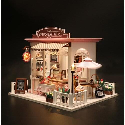 DIY LED Miniature Chocolate Shop Doll House Handmade Crafts Desk Decor Kid Toy Dollhouse Gift Holiday Decoration Need assembling