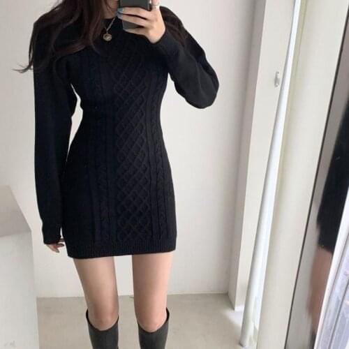 Fashion Hollow Out Waist Sweater Dress Women Autumn Winter High Elastic Twist Knitted Dress Casual Bodycon Mini Dress L6