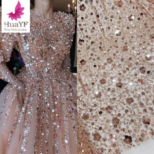 2021 New Quality Champagne Embroidery Beaded Lace Sequins Bridal Fabric For Wedding Evening Dress 5 Yards HY1306