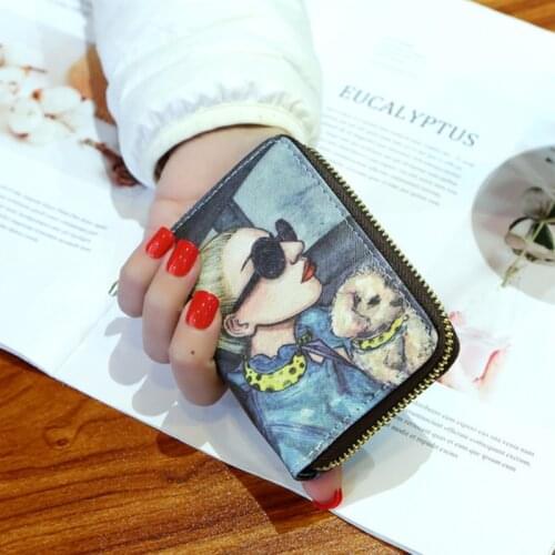 New Fashion Printed Women Card Bag PU Leather Wallet Cartoon Business Card Case Credit Card Holder Girl Mini Zipper Clutch Bag
