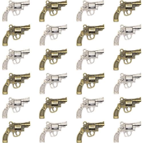 MENGJIALE 15pcs/lot Two Colors Antique Silver Antique Bronze Plated Gun Charm Revolver Charm Gun Pendants 30x23mm