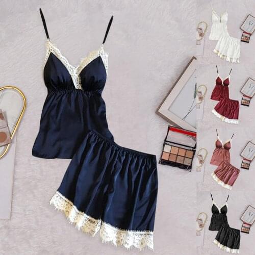 Womens pajamas suit sexy v-neck lace satin high-quality short pajamas suit multi-code fashion new пижама женская хлопок 50