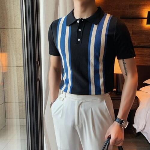 Sunwang British style Summer Fashion stripe Men Polo Shirts Casual Turn-down Collar Design Short Sleeve Tops Harajuku Mens tees
