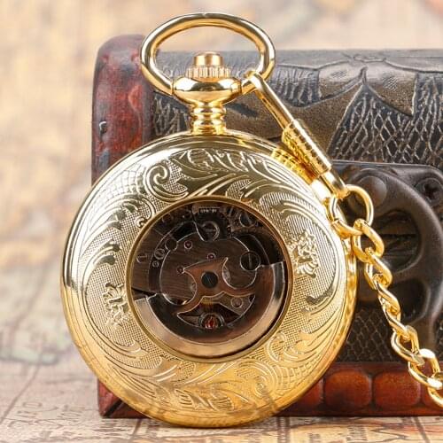 Vintage Automatic Mechanical Pocket Watch Open Face Roman Numerals Golden Pendant Chain Gifts for Men Women Reloj De Bolsillo