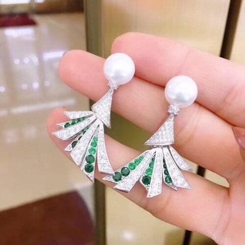 D424 Pearl Earrings Fine Jewelry 925 Sterling Silver Round 9-10mm Fresh Water White Pearls Drop Dangle Earrings for Women