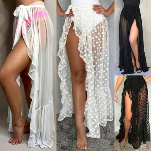 2021 New Sexy Women Mesh Sheer Beach Bikini Cover Ups Vacation Sunscreen Wrap Skirt RufflesDot High Waist Split Beachwear