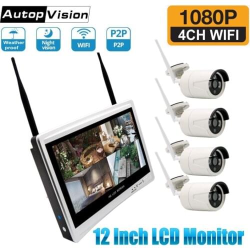 4CH 1080P H.265 Wireless NVR Wifi Security Camera System 12" Monitor WIFI NVR Kits Outdoor CCTV IP Camera Video Surveillance Kit
