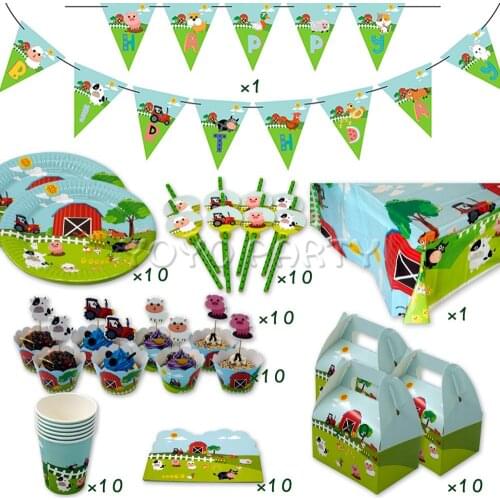 72pcs For 10 Kids Farm Animals Pig Cow Theme Birthday Party Supplies Tableware Set, Plate Cup Straw Banner Tablecloth
