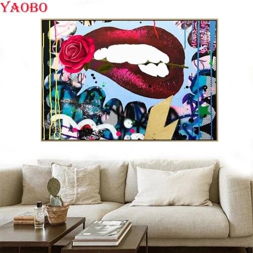 Diamond Painting graffiti art sexy red lips rose flower Full Square round DIY Diamond Embroidery Beadwork Mosaic diamond set