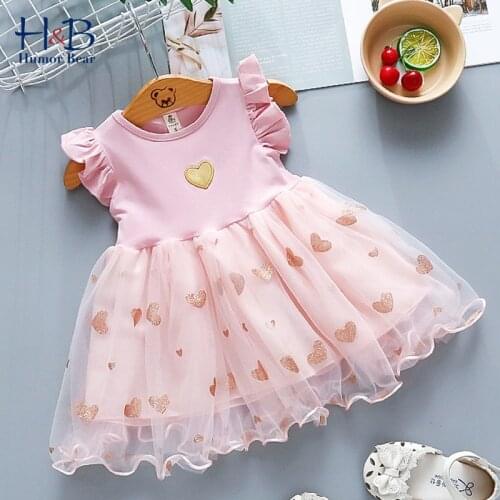 Humor Bear Sleeveless Girls Dress Summer European American Style Heart Printed Mesh Patchwork Sweet Dress for 1-5Y
