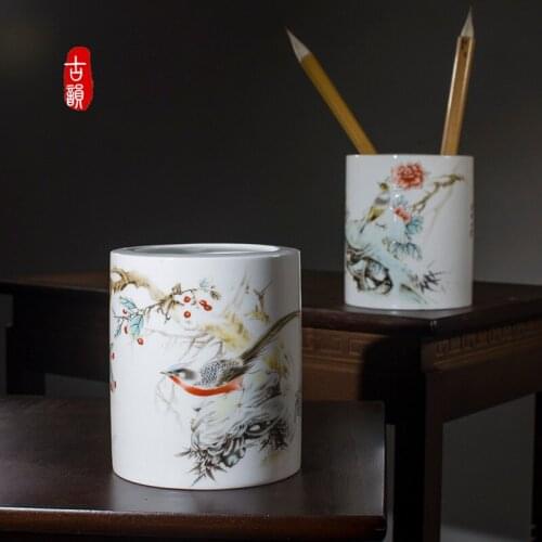 Jingdezhen Ceramic Flower And Bird Pen Holder Antique Chinese Style Stationery Container Office Storage Accessories
