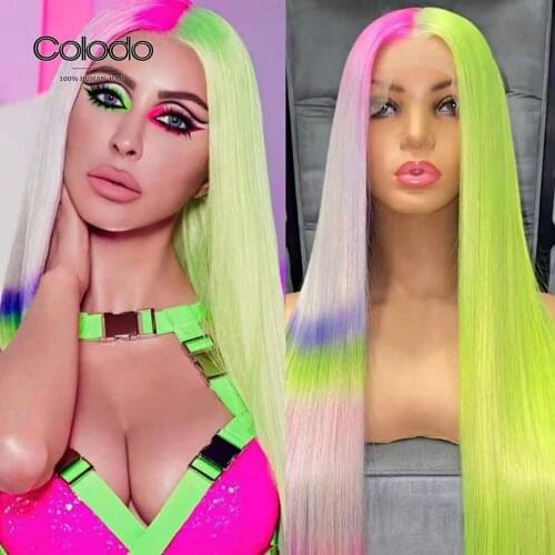 COLODO Rainbow Colored Human Hair Wigs Highlight Green Pink Lace Front Human Hair Wigs Straight Transparent Lace Front Wigs