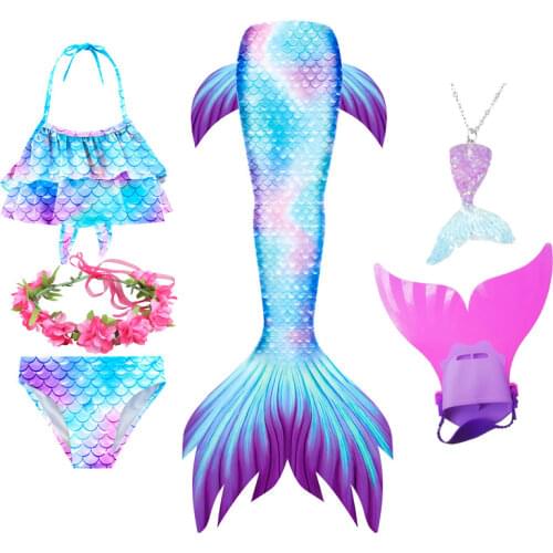 Girls Swimmable Mermaid Tail Costume Cosplay Swimsuit Halloween Dress set with fin Kids Monofin for Swimming Clothes Red Bikini