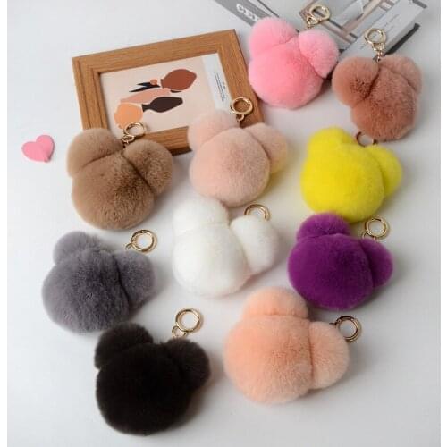 Cute Tiny Mickey Head Keychain Women Real Rex Rabbit Fur Cartoons Mini Mouse Key Ring Bag Car Key Ornament Emo Toys Jewelry Gift