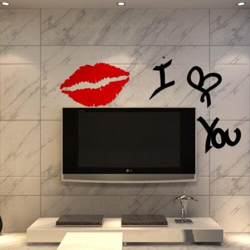 New arrival Red lips Acrylic crystal 3d wall stickers TV backdrop living room bedroom decoration I LOVE YOU Wedding part decor