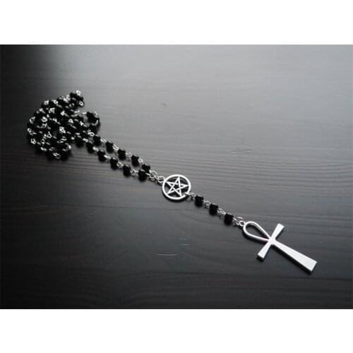 Ankh and Pentagram Rosary Necklace , Wicca, Pagan Rosary Black Beads Charm Jewelry for Women Gift Fashion Simple Jewellery