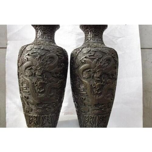 Song voge gem S1538 15 China pure Copper Bronze Two Dragon play bead flower Pot Jar Crock Vase Pair