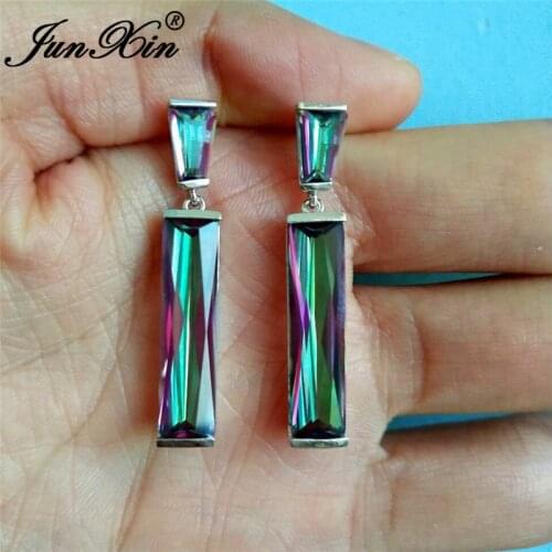 JUNXIN Mystic Fire Birthstone Rectangle Drop Earrings For Women White Gold Rose Gold Filled Purple Blue White Zircon Earrings CZ