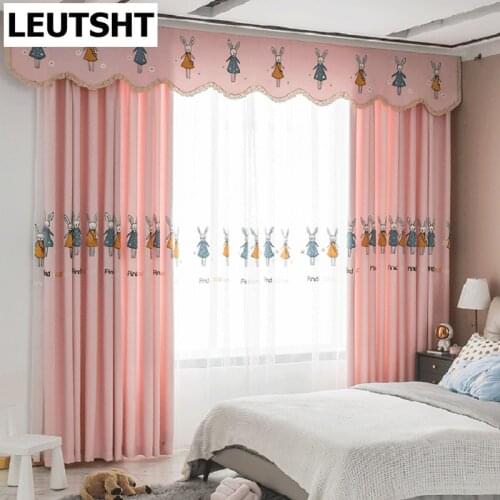 Pink Embroidered Rabbit Curtains for Living Dining Room Bedroom Thick Linen Curtain Girl Kids Room Children Bedroom Window